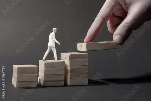 Conceptual business advancement: Miniature figure climbing wooden block steps