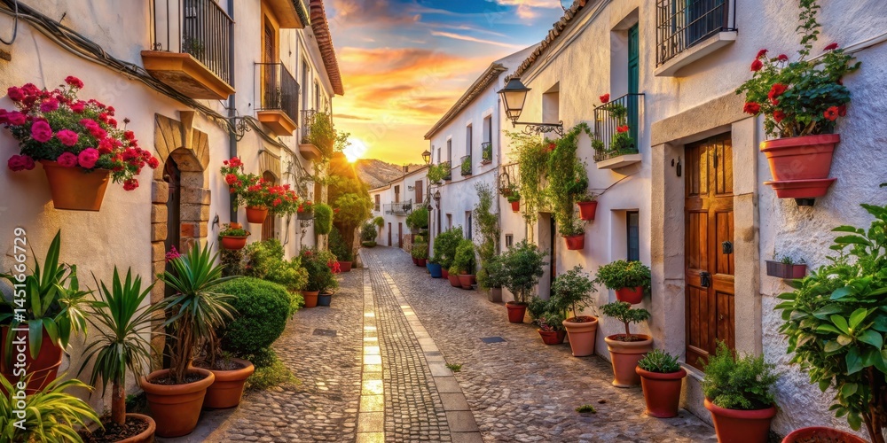 Obraz premium Narrow cobblestone streets lined with ancient buildings and overflowing flower pots in historic town of Denia at sunset, old town, street view