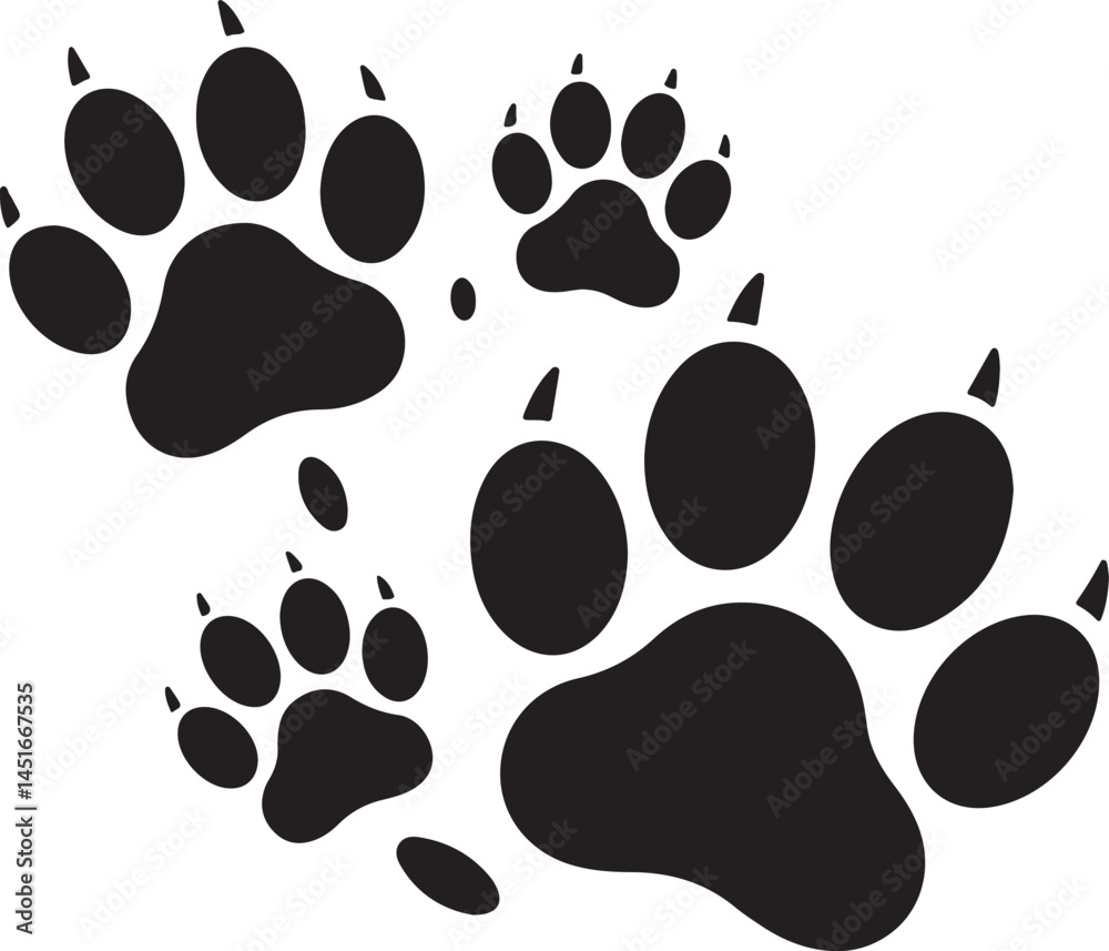 Fototapeta premium Black Dog Paw Silhouettes Clipart – Single Paw Print, Walking Trail, Large Paw, Small Paw, Cartoon and Realistic Styles, Pet Clipart Pack