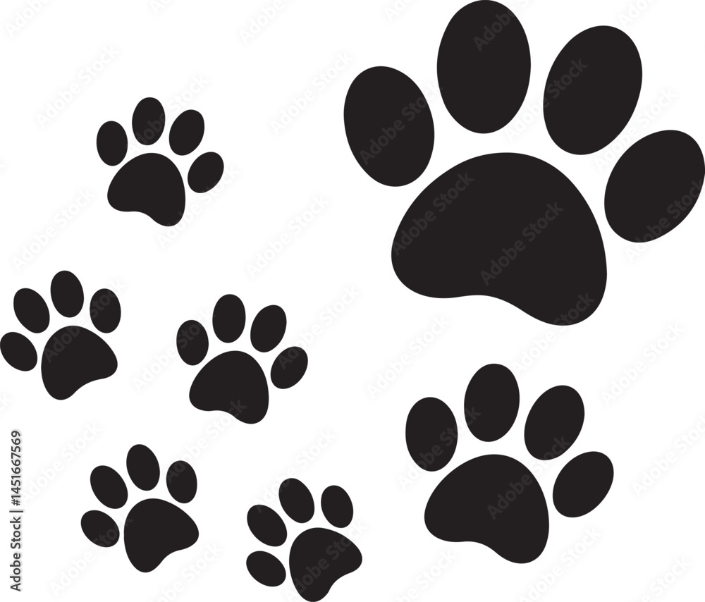 Fototapeta premium Black Dog Paw Silhouettes Clipart – Single Paw Print, Walking Trail, Large Paw, Small Paw, Cartoon and Realistic Styles, Pet Clipart Pack