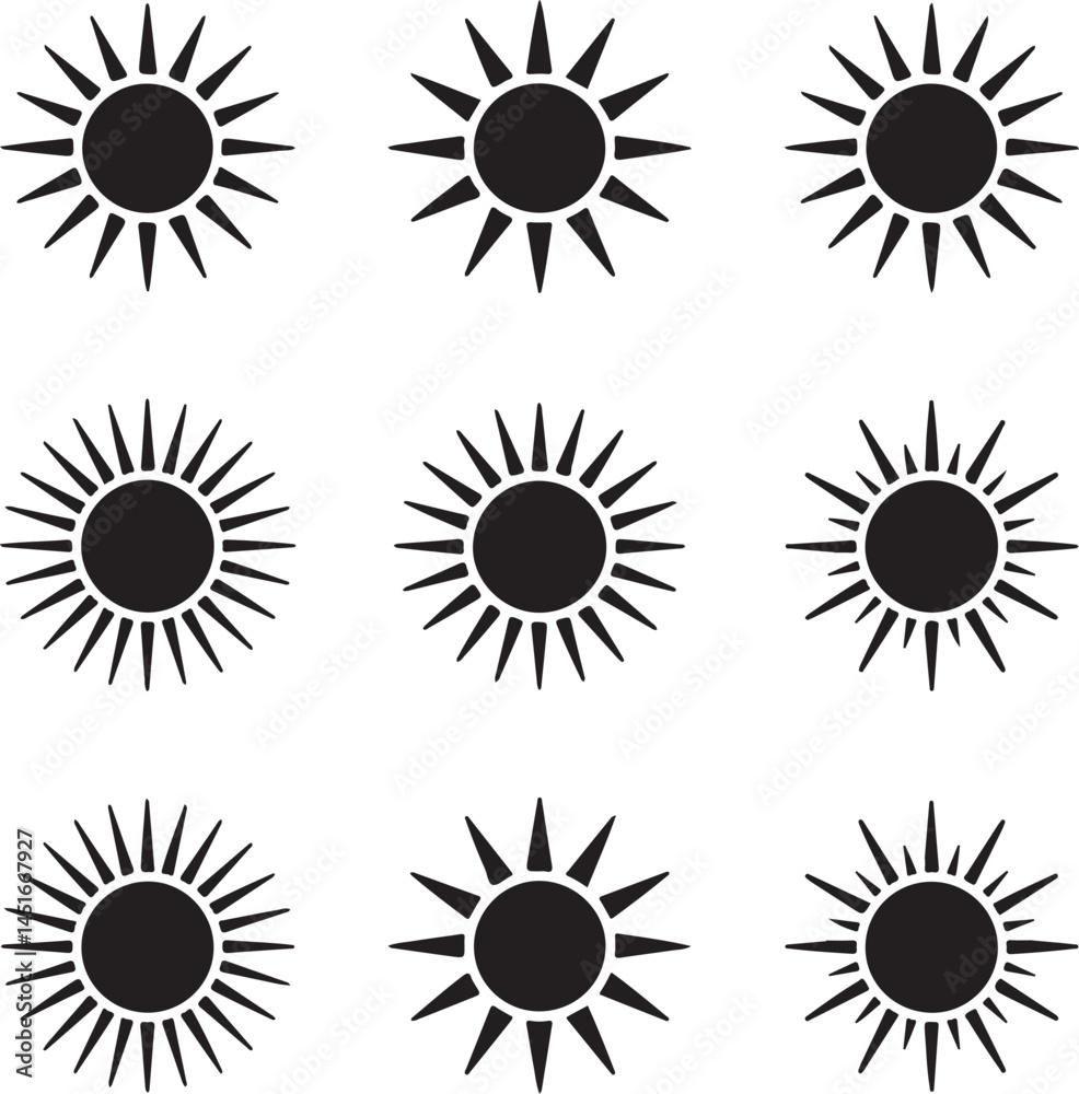 Fototapeta premium Black Sun Silhouettes Clipart – Full Circle Sun, Sun with Rays, Tribal Sun Designs, Bright Summer Theme