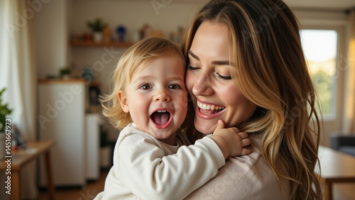 Joyful and candid moment of a toddler playing with their mom in a bright modern home environment.