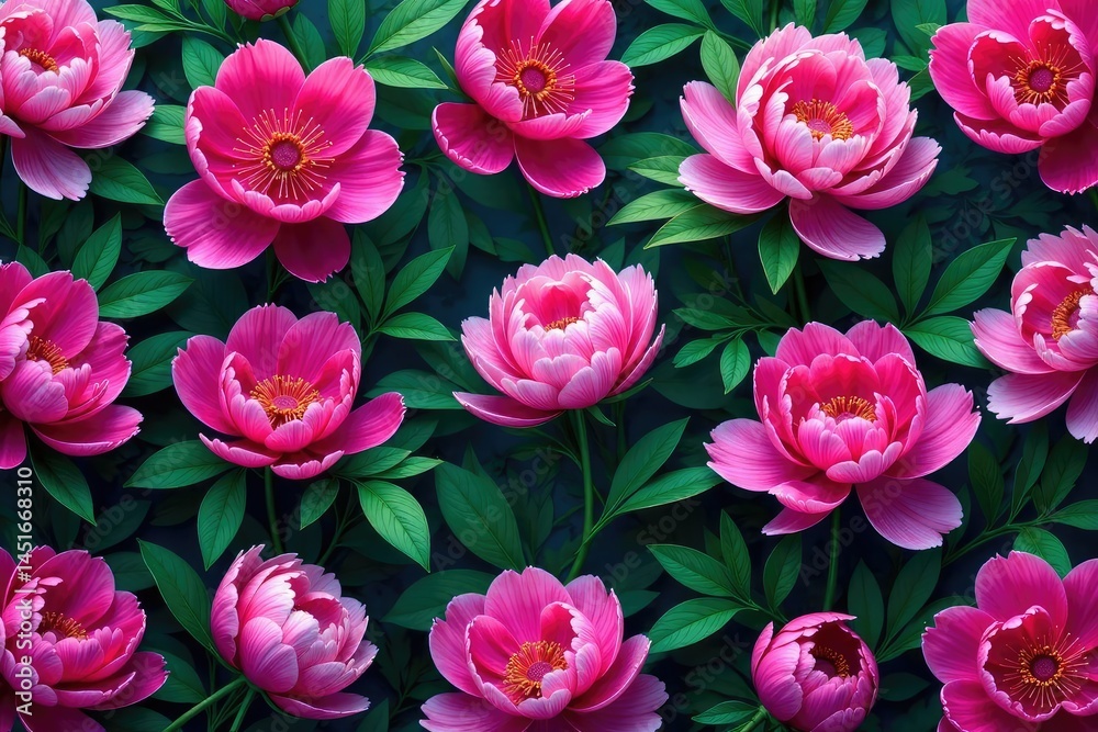 Bold peony blossoms, lush greenery, continuous pattern, pattern, blossom, vibrant Bold peony blossoms, lush greenery, continuous pattern, pattern, blossom, vibrant