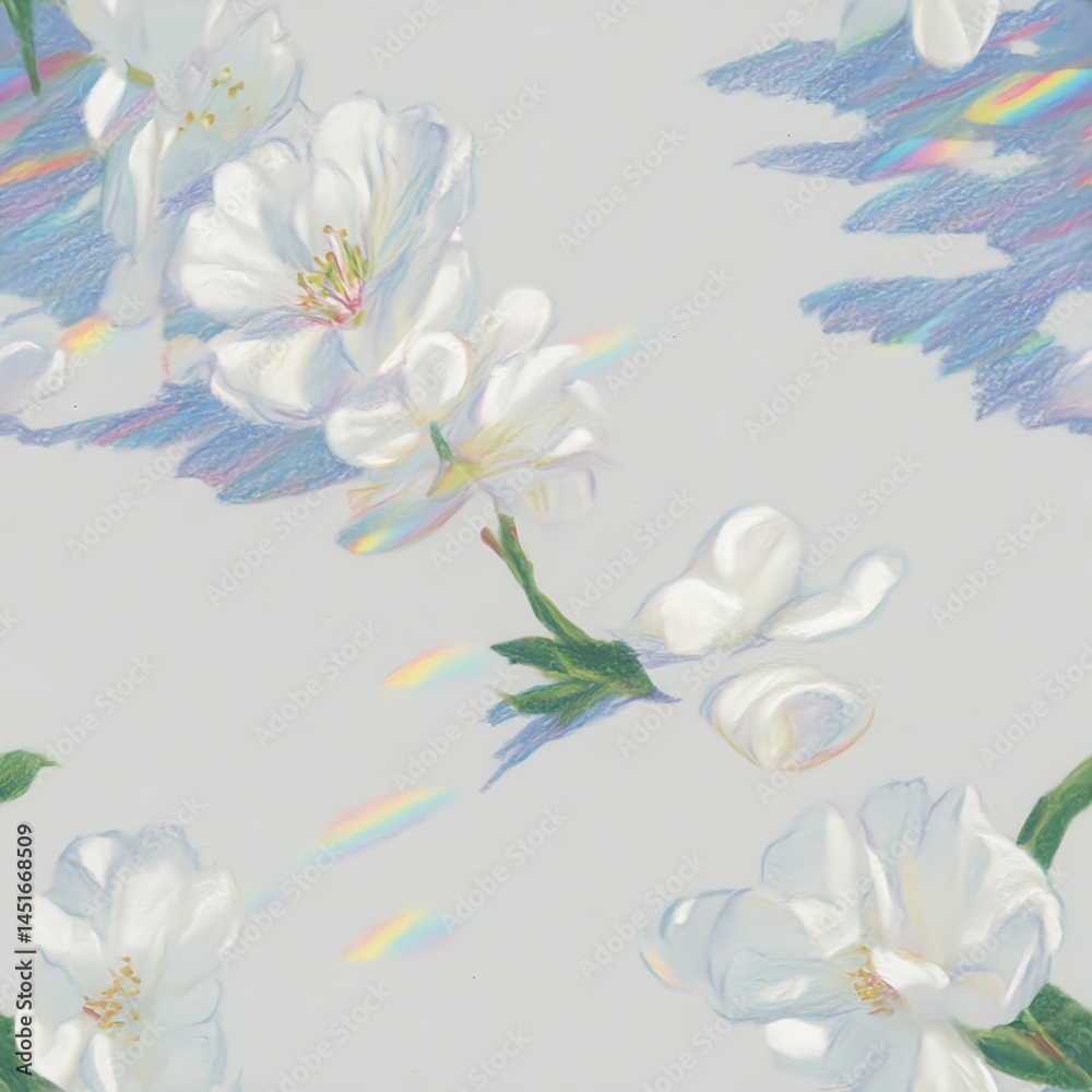 Seamless pattern of water with white sakura petals, moiré shading, prismatic dew, and colored pencil texture Seamless pattern of water with white sakura petals, moiré shading, prismatic dew, and colored pencil texture