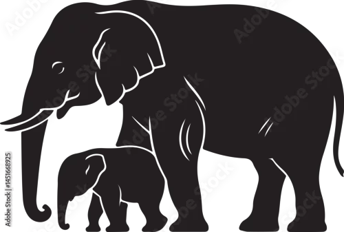 Obraz Black Elephant Silhouettes Clipart – Walking, Trunk Raised, Elephant Family Vector Set

