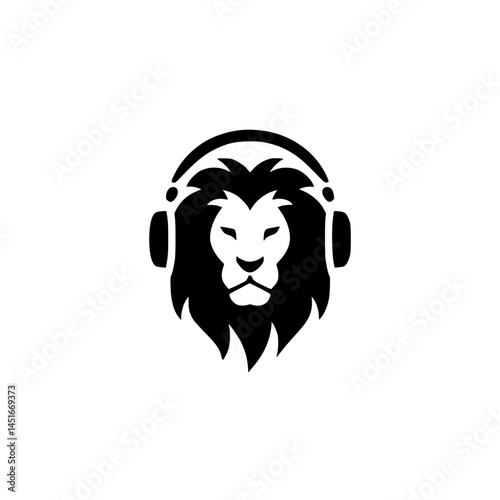 Lion Head with Headphones Music Logo, Bold black and white vector of a lion’s head wearing headphones, symbolizing strength, audio, and modern digital branding.

