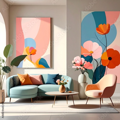 Modern surrealistic flower painting, exaggerated and flowing forms, with a mix of bright and soft pastel colors, creating a peaceful yet thought-provoking atmosphere for a living room