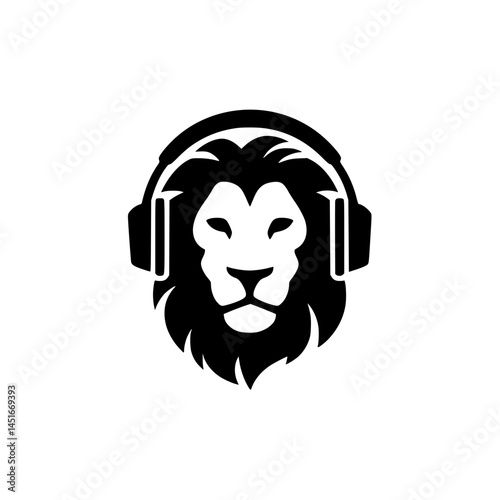 Lion Head with Headphones Music Logo, Bold black and white vector of a lion’s head wearing headphones, symbolizing strength, audio, and modern digital branding.

