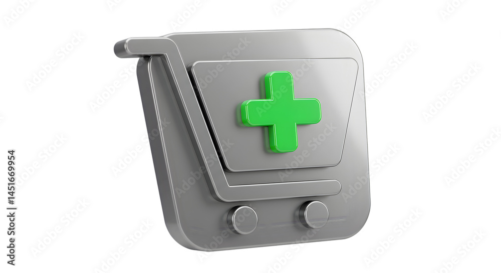 Obraz premium 3D silver shopping cart icon with bright green medical cross, pharmacy e-commerce symbol, online drugstore interface element, digital healthcare shopping button for medical websites and applications