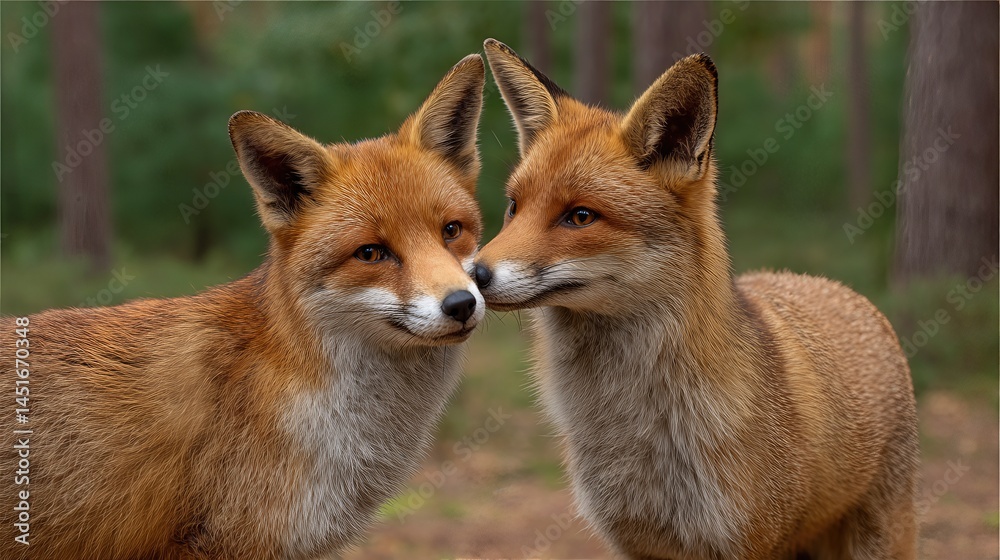 Obraz premium The foxes, nestled among the trees, share a sweet moment as they touch noses, a sign of affection and bond in the peaceful forest surroundings. 