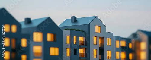Affordable housing development in a city, showcasing modern, sustainable apartments with lowcost construction methods