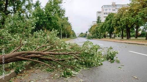 A fallen tree branch lies across the road after the storm, blocking traffic and showing the extent of hurricane damage to the city’s streets.
