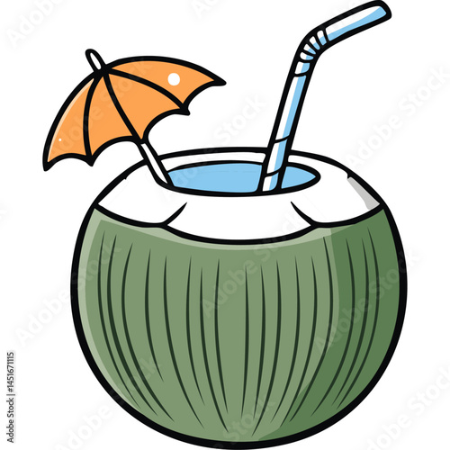 Cocktail in coconut vector color illustration in sketch style. Coconut water line art. Tropical drink for menu and bar