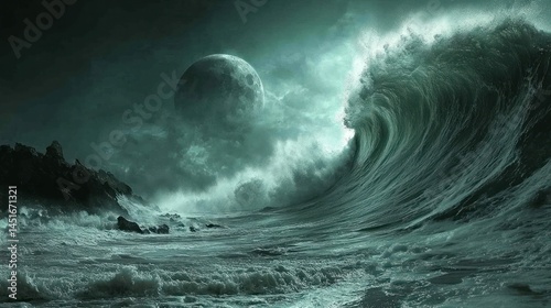 Dramatic ocean wave crashing against rocky shoreline under moonlit night with large moon in cloudy sky creating powerful natural seascape scene