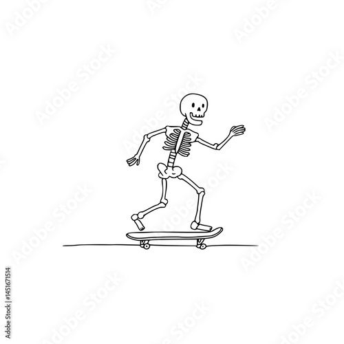 Funny Skeleton Riding Skateboard Line Drawing, Hand-drawn black and white illustration of a cheerful skeleton skateboarding, combining spooky and playful elements in a minimal style.

