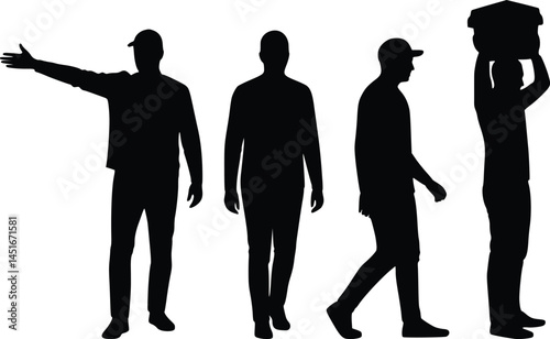 Silhouette collection of four individuals in distinct poses, featuring gestures of signaling, standing, walking, and lifting an object overhead