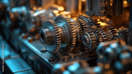 Intricate industrial gear system with multiple metal cogs and wheels in motion, close-up view showcasing mechanical complexity and precision enginee photo