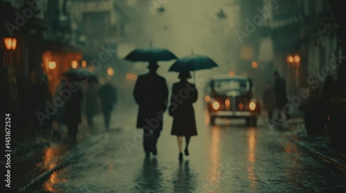 Wallpaper Mural 19..A couple holding hands walking through a rainy street with umbrellas, romantic cinematic vibe Torontodigital.ca