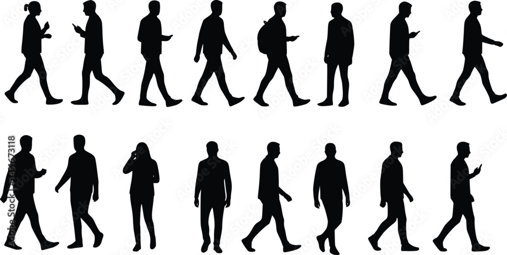 Fototapeta premium Silhouette collection of sixteen individuals walking in various poses, some carrying backpacks and others interacting with mobile phones, depicting everyday movement and modern lifestyles