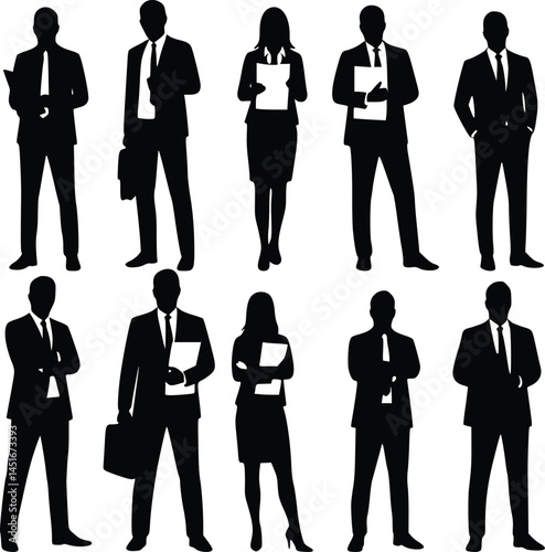 Silhouette collection of ten business professionals standing in various poses, holding briefcases and documents, representing corporate identity and professionalism