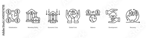 Global Economic Recovery icon sheet web banner vector globalization, monetary policy, economic crisis, global crisis, balance, development, recovery