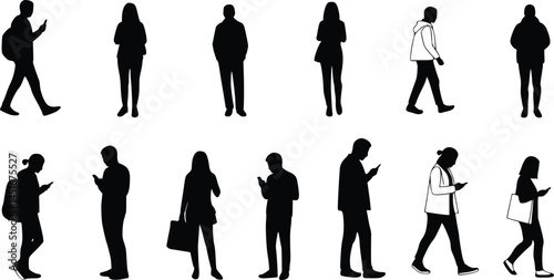 Silhouette collection of thirteen individuals engaged in various everyday activities, such as walking, standing, and using mobile phones, emphasizing modern lifestyle and movement