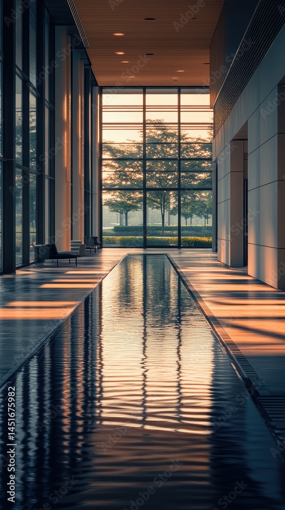 Obraz premium Modern architectural interior with a reflecting pool. Sunlight streams through large windows, illuminating a serene corridor and water feature. Tranquil and stylish design