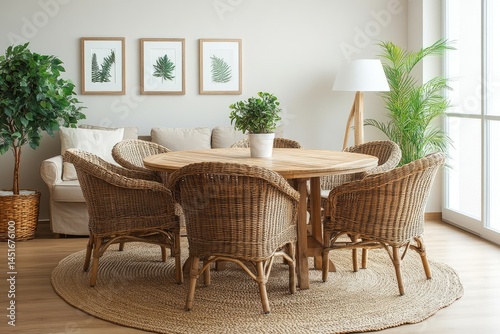 Light, airy dining area with wicker chairs and a round wooden table.  Natural elements and warm tones create a peaceful atmosphere photo