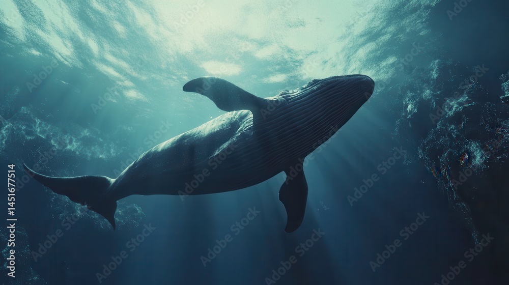 Obraz premium A realistic 3D rendering of a whale diving beneath the ocean's surface, showcasing the majestic creature in mid-dive.