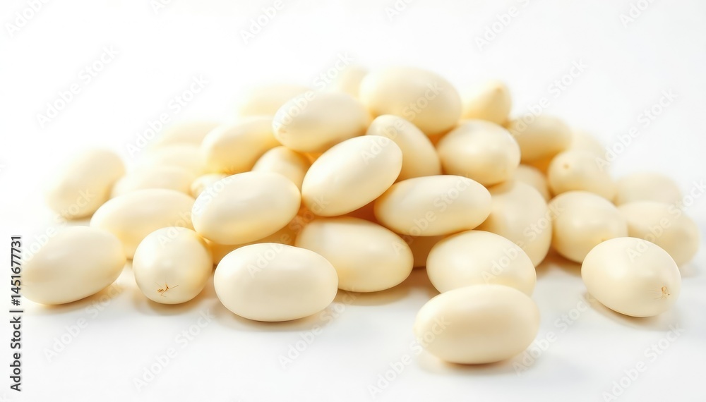 Close-up of several white beans against a bright white background, texture, culinary art