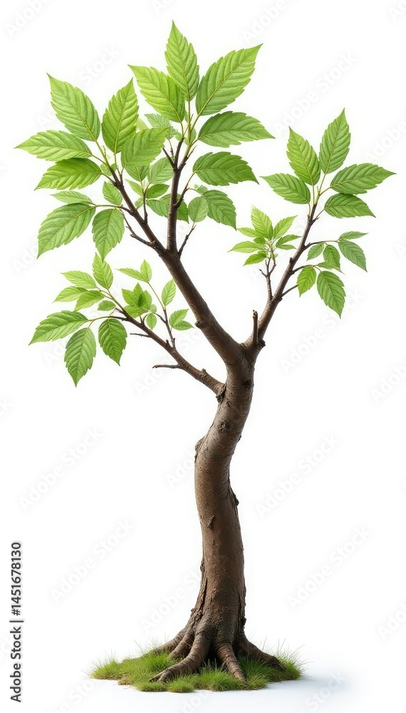 Delicate branches stretching from a central trunk on white background, foliage, wood, rustic
