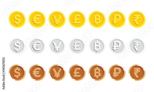 Various currency symbols on gold, silver, and bronze coins. Vector illustration depicting global finance, money exchange, and international trade. Useful for business, investment, and economic concept