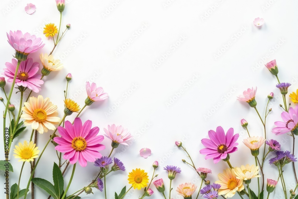 Delicate, scattered wildflowers on white background, retro, pastel, botanical