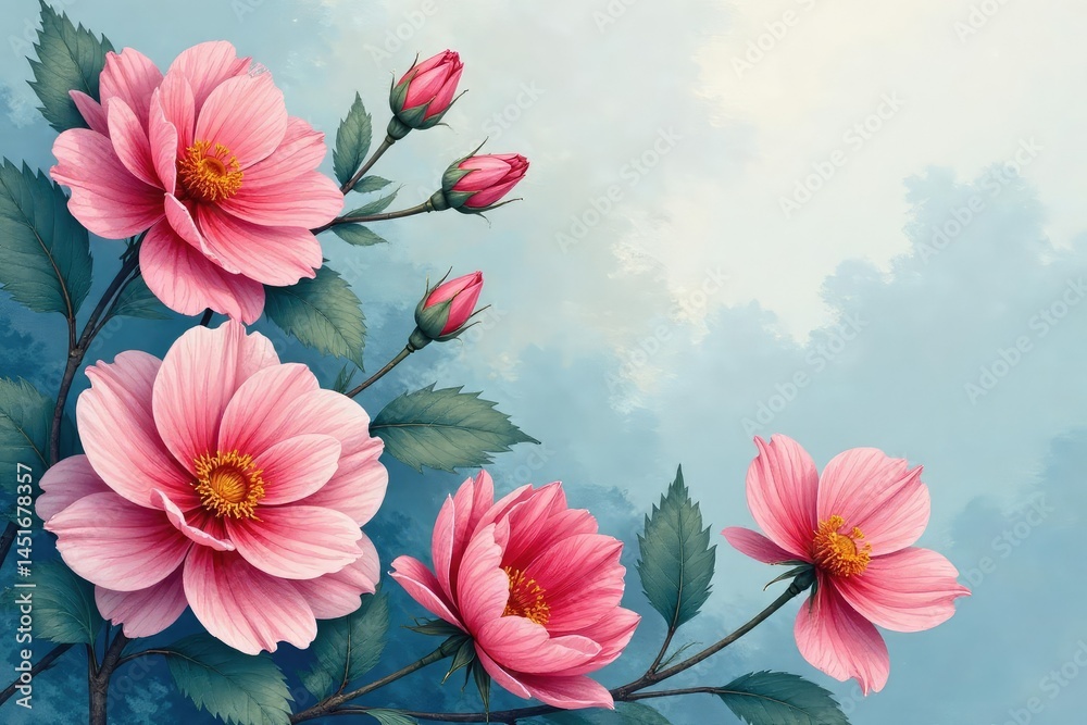 Delicate watercolor floral design, continuous print, flora, blue