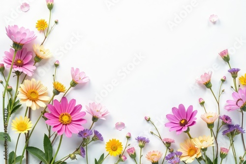 Obraz na płótnie Delicate, scattered wildflowers on white background, retro, pastel, botanical w salonie