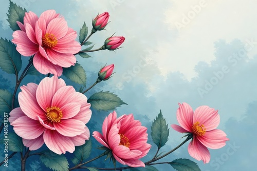 Obraz na płótnie Delicate watercolor floral design, continuous print, flora, blue w salonie