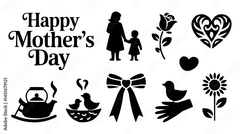 Fototapeta premium Mother's Day Silhouette Icon Set Mom and Child Love Vector Collection