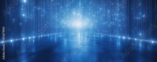 Abstract Blue Light Streaks on Dark Reflective Surface Creates a Futuristic Tunnel Effect Background with Shiny Particles and Dynamic Illumination For Modern and Technological Designs