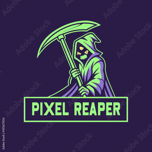 Pixel Reaper Gaming Logo – 8-Bit Grim Reaper with Neon Arcade Style and Retro Block Font