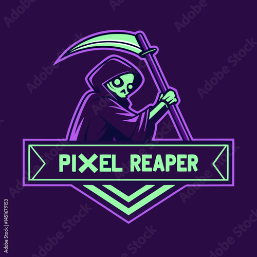 Pixel Reaper Gaming Logo – 8-Bit Grim Reaper with Neon Arcade Style and Retro Block Font