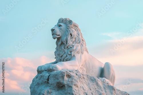 Elegant white lion statue on a rock formation.