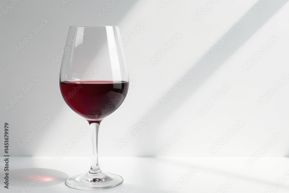 Glass of red wine against white backdrop, subtle shadows, subtle, simple