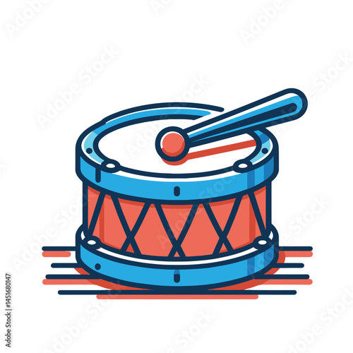 Colorful drum illustration with stick and sound waves  on a transparent background