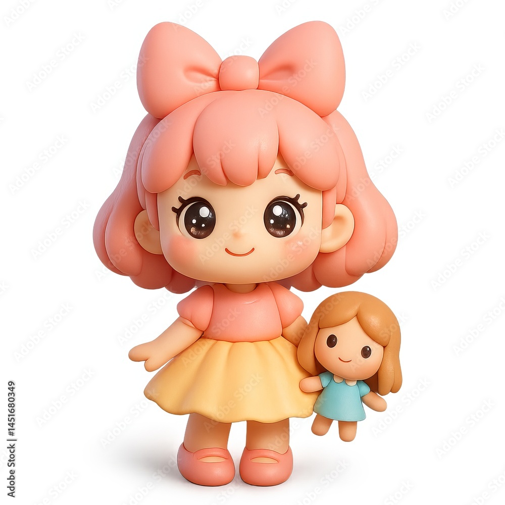 Obraz premium Cute Kawaii Pink Haired Girl with Bow Holding a Small Doll