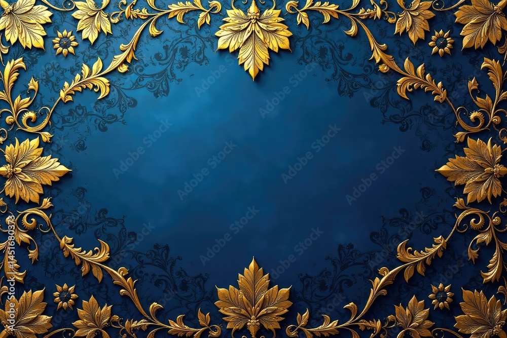 Intricate floral damask, elegant gold on deep blue , home decor, pattern