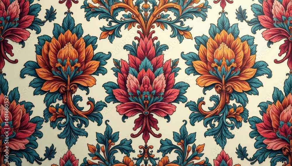 Intricate floral damask pattern in muted tones, surface pattern, pattern