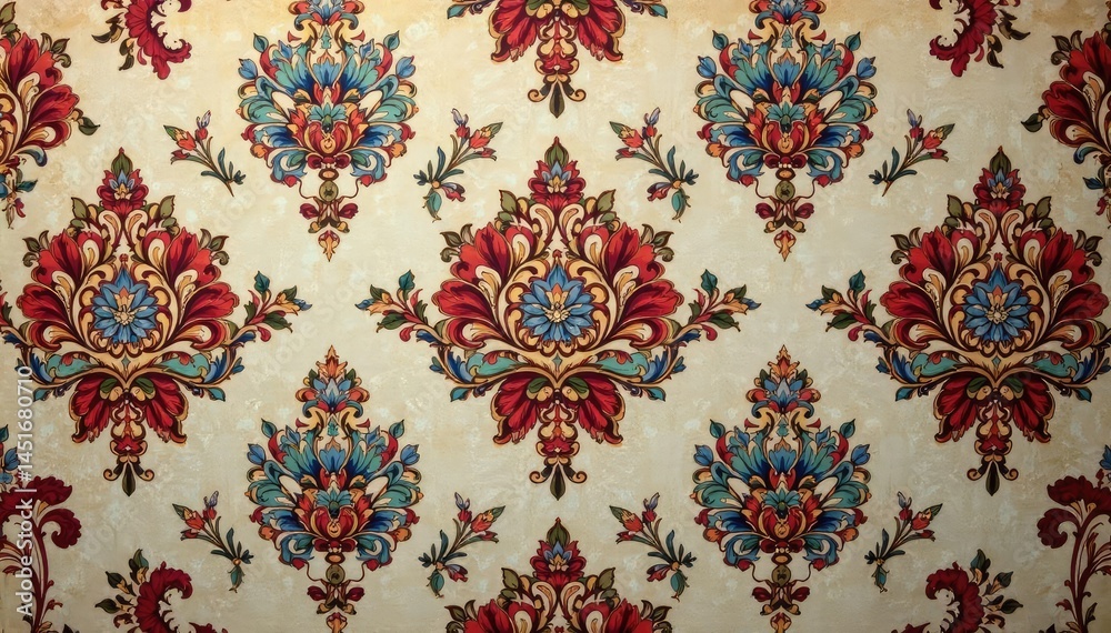 Intricate floral damask textile, faded elegance , surface, style, floral pattern