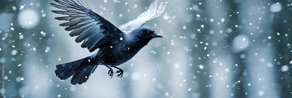 Fototapeta premium Raven in flight amidst snow