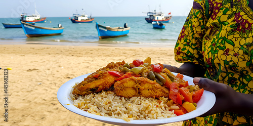 Senegalese thieboudienne, fish with rice and vegetables in tomato sauce