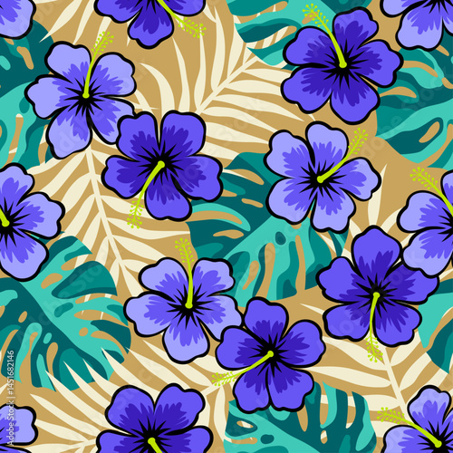 Purple hibiscus flower with tropical leaf seamless pattern design for summer holidays background.